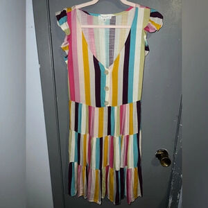 Day to Day blu pepper multi colored tiered dress with faux button front detail